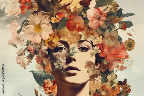 retro style collage of a model with an iconic beauty surrounded by colorful flowers, spring and sumemr vibes, generative ai illustration photo