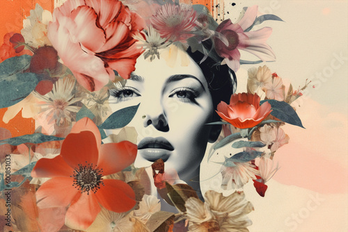 retro style collage of a model with an iconic beauty surrounded by colorful flowers, spring and sumemr vibes, generative ai illustration photo