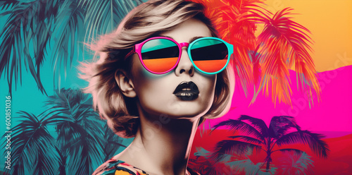 pop art collage of a blonde model girl with peculiar sunglasses on a palm tree summer vibe background, colorful abstract theme concept, generative ai illustration