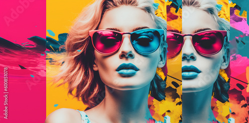 pop art collage of a blonde model girl with peculiar sunglasses on a palm tree summer vibe background, colorful abstract theme concept, generative ai illustration