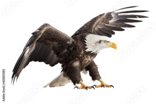 an isolated bald eagle (Haliaeetus leucocephalus), flying in motion and in landing position, elusive, Wildlife-themed, photorealistic illustration on a transparent background PNG. Generative AI  © Purple Penguin GFX