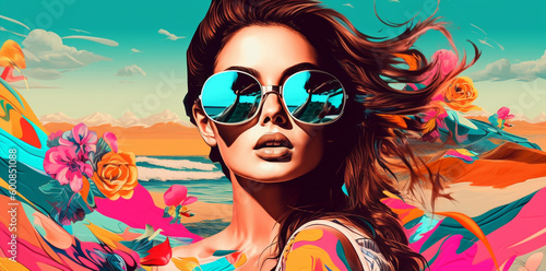 pop art collage of a brunette model girl with peculiar sunglasses on a palm tree summer beach vibe background, colorful abstract theme concept, generative ai illustration