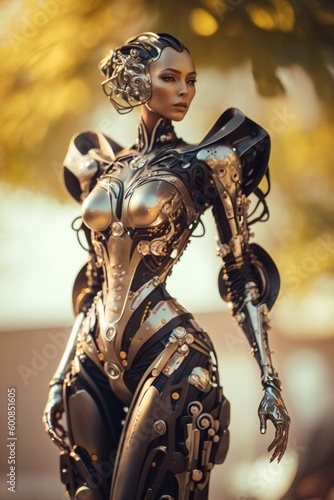 Fantasy cyborg woman fashion model on blur bokeh background. Generative ai