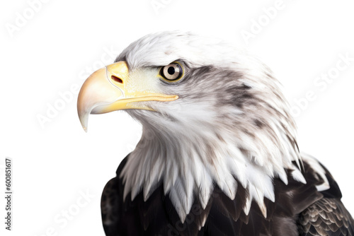 an isolated bald eagle (Haliaeetus leucocephalus), side view, portrait close-up, preservation, Wildlife-themed, photorealistic illustration on a transparent background cutout in PNG. generative ai © Purple Penguin GFX