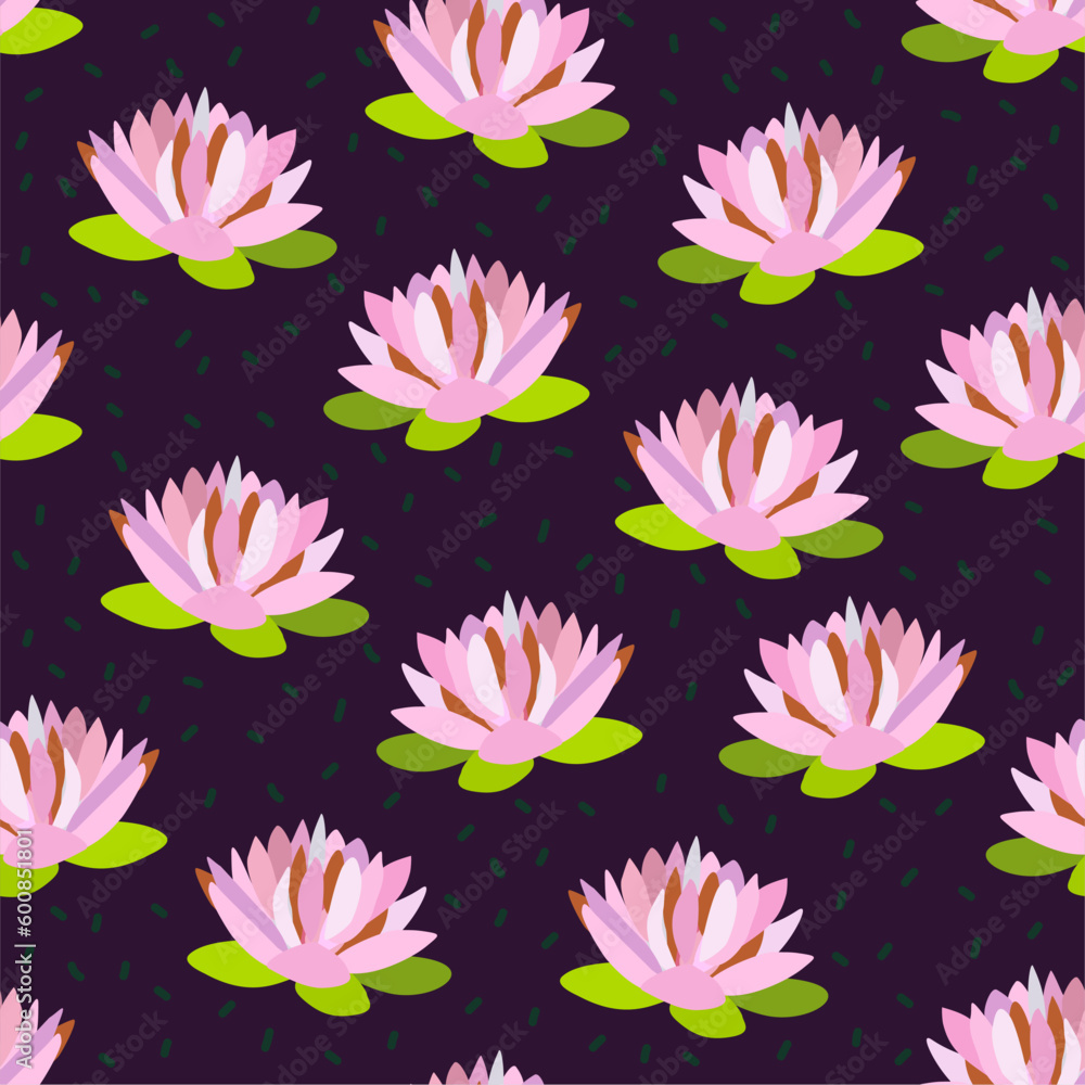 Vector seamless pattern with water lilies on dark violet background.