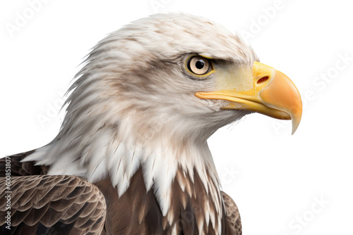 an isolated bald eagle  Haliaeetus leucocephalus   side view  portrait close-up  preservation  Wildlife-themed  photorealistic illustration on a transparent background cutout in PNG. generative ai