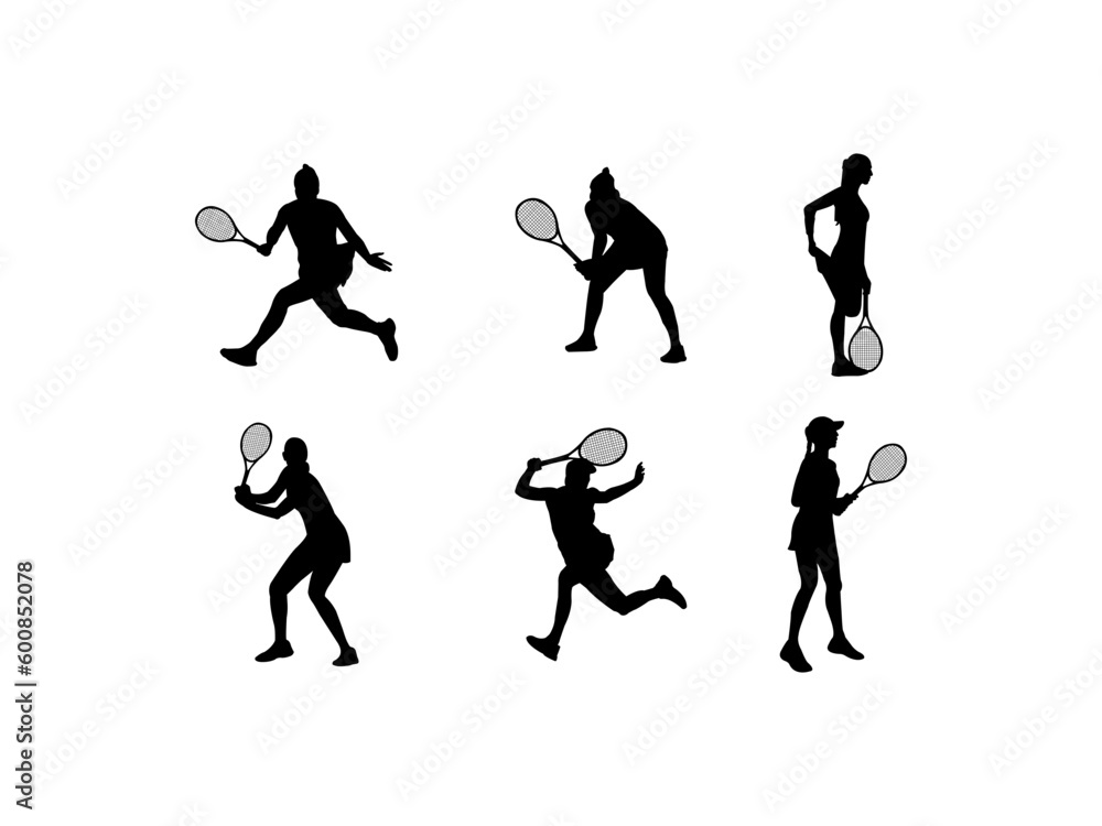 Tennis players silhouettes vector design and illustration. Female tennis player silhouettes. Female tennis player silhouette set isolated on  white background.