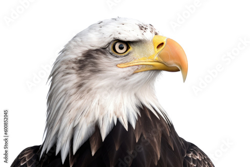 an isolated bald eagle (Haliaeetus leucocephalus), side view, portrait close-up, preservation, Wildlife-themed, photorealistic illustration on a transparent background cutout in PNG. generative ai © Purple Penguin GFX