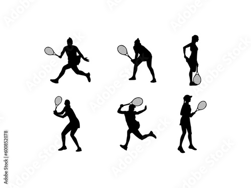 Tennis players silhouettes vector design and illustration. Female tennis player silhouettes. Female tennis player silhouette set isolated on  white background.