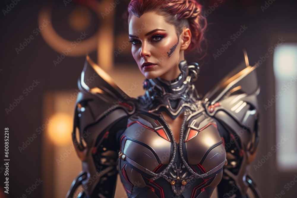 Portrait of beautiful young cyborg woman with red hair in futuristic armor. Generative ai Portrait of beautiful young cyborg woman with red hair in futuristic armor. Generative ai