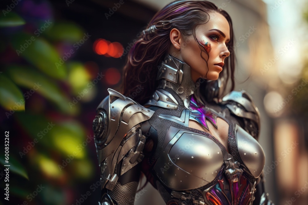 Portrait of female cyborg knight in armor in the city. Fantasy concept. Generative ai Portrait of female cyborg knight in armor in the city. Fantasy concept. Generative ai