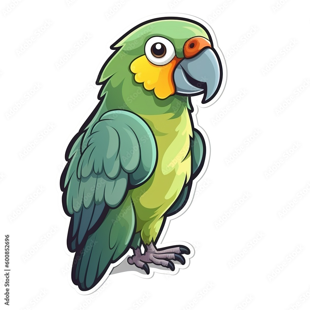 Fototapeta premium Cartoon sticker of green Parrot over white background. Generative AI illustration
