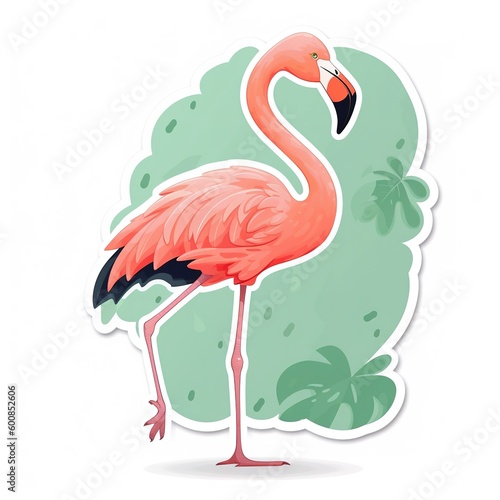 Colorful cartoon sticker of Flamingo over white background. Generative AI illustration