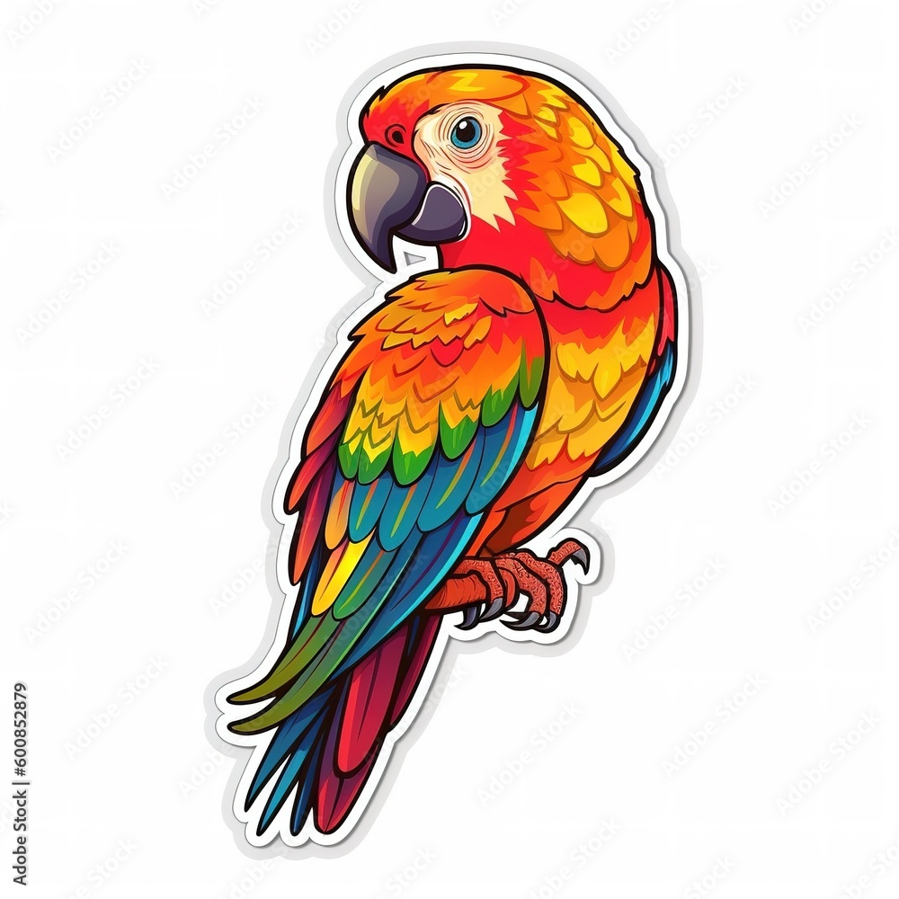 Obraz premium Cartoon sticker of colorful Scarlet macaw over white background. Generative AI illustration
