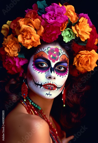A woman with a sugar skull make - up and flowers in her hair. Generative AI. © tilialucida