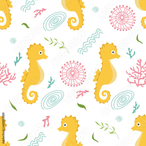 Vector seamless pattern with seahorses and fantasy plants in a flat style on a white background.