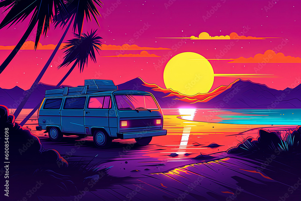 Generative AI illustration of a van sitting by the beach at sunset, in the style of retrowave