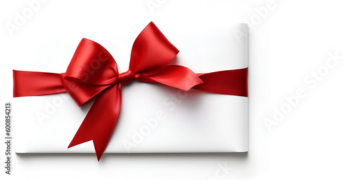 Creative template concept. Red ribbon bow on card note. Copy text space. Template for art graphic sign Christmas celebration greeting © Sandra Chia