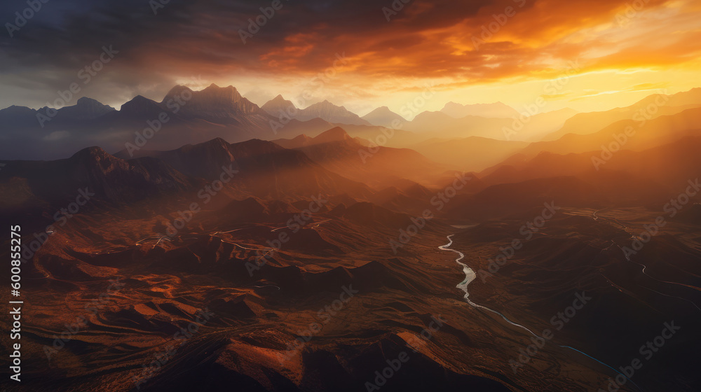 Majestic Mountains at Sunrise: A Breathtaking Aerial View. Generative AI
