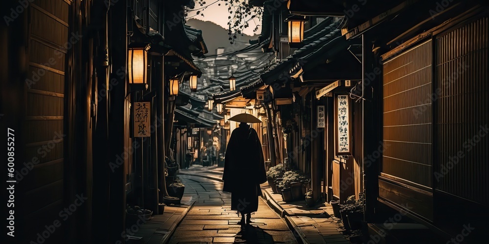 Fototapeta premium AI generated. AI Generative. Photo realistic photography illustration of ancient old vintage retro Japan Kyoto city. Adventure asian exploration vibe. Graphic Art