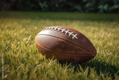 American football ball on the lawn, sports concept, digital illustration. Generative AI