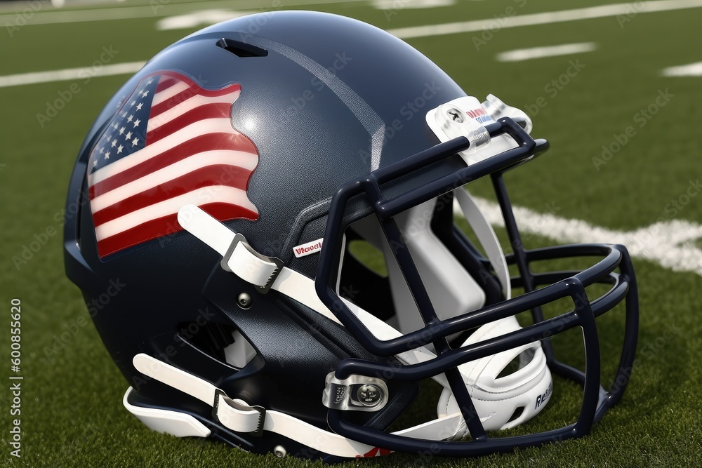 American football helmet with American flag, stadium and grass, digital illustration. Generative AI American football helmet with American flag, stadium and grass, digital illustration. Generative AI