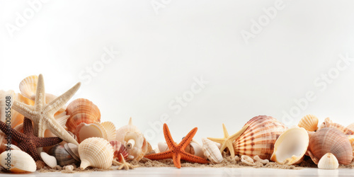 Summer background with seashells and starfish and copy space for text. Generative AI