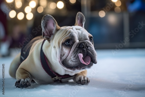 Headshot portrait photography of a happy bulldog having a toy in its mouth against ice skating rinks background. With generative AI technology © Markus Schröder