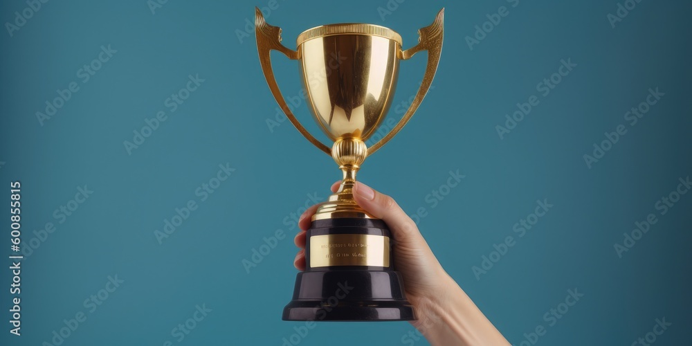 Hand holding golden trophy, business and sports concept, blue background, digital illustration. Generative AI Hand holding golden trophy, business and sports concept, blue background, digital illustration. Generative AI