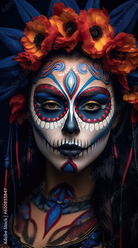 A woman with a sugar skull make-up and flowers in her hair. Generative AI.