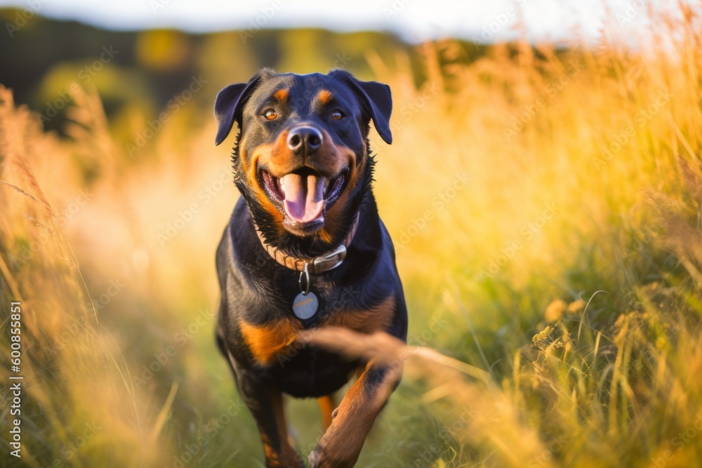 Lifestyle portrait photography of a curious rottweiler dancing with the owner against open fields and meadows background. With generative AI technology