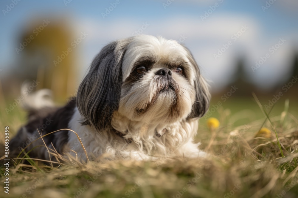 Full-length portrait photography of an aggressive shih tzu lying down against open fields and meadows background. With generative AI technology Full-length portrait photography of an aggressive shih tzu lying down against open fields and meadows background. With generative AI technology