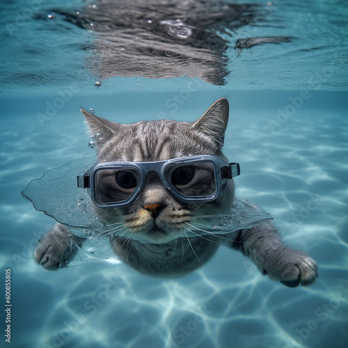 Cat with swimming goggles in swimming pool.