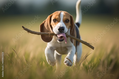 Headshot portrait photography of a curious beagle playing tug-of-war against open fields and meadows background. With generative AI technology