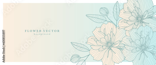 Delicate gradient background with lush flowers, branches, leaves and buds. Background for text, photo, covers, postcards and presentations