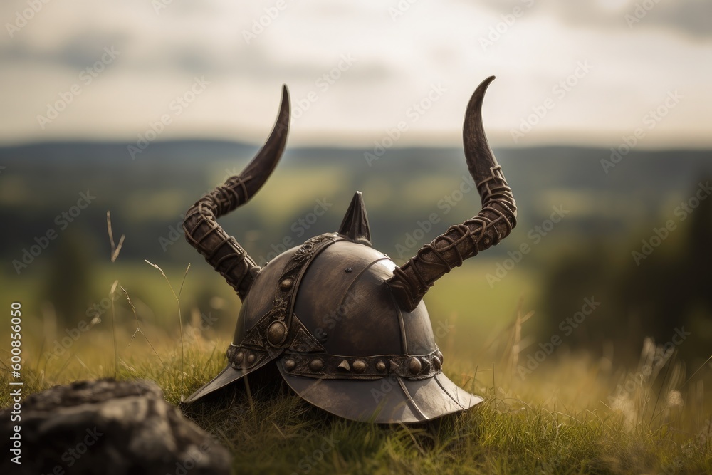 Fototapeta premium Landscape with horned viking helmet, battlefield in background, digital illustration. Generative AI