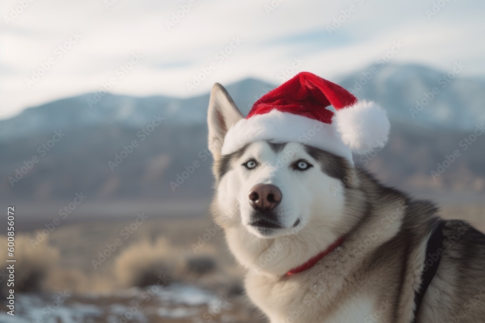 Medium shot portrait photography of an aggressive siberian husky wearing a santa hat against mountains and hills background. With generative AI technology