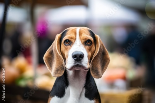 Medium shot portrait photography of a curious beagle being at a farmer's market against dog-friendly cafes and restaurants background. With generative AI technology