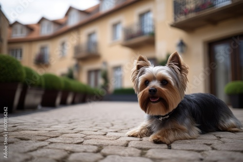 Full-length portrait photography of a happy yorkshire terrier chewing things against pet-friendly hotels and resorts background. With generative AI technology