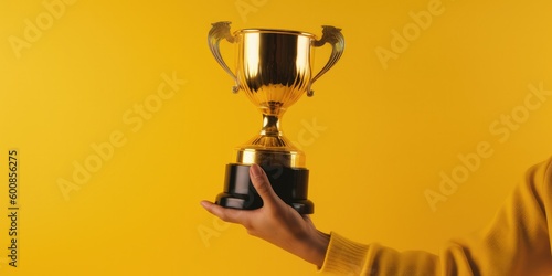 Hand holding golden trophy, business and sports concept, yellow background, digital illustration. Generative AI
