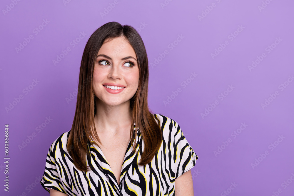 Photo of young dreamy girlfriend wear stylish zebra shirt looking novelty shopping summer season promo isolated on violet color background Photo of young dreamy girlfriend wear stylish zebra shirt looking novelty shopping summer season promo isolated on violet color background