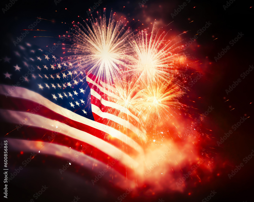 American flag with fireworks on dark background. Independence day or ...