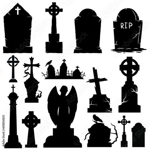 Fotografie, Tablou Gone but Not Forgotten - Set of Tombstone Vector Silhouettes for Halloween Desig