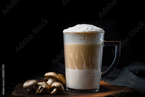 Glass of coffee latte and mushrooms on a table. Generative AI drink