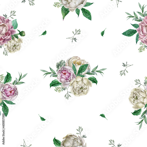 Seamless floral pattern with pink, white peonies and leaves on white background, realistic botanical watercolor illustration. Template design for textiles, interior, clothes, wallpaper. Botanical art