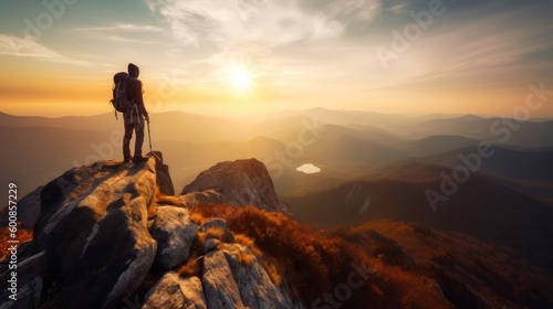 Tourist climber on peak of high rocks mountains sunset with backpacks. Lifestyle concept of victory over depression. generated ai