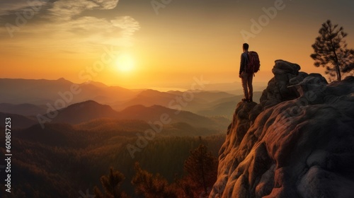 Tourist climber on peak of high rocks mountains sunset with backpacks. Lifestyle concept of victory over depression. generated ai