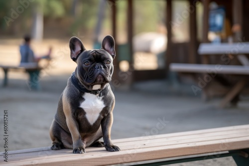 Full-length portrait photography of a curious french bulldog sitting on a bench against dog-friendly campgrounds background. With generative AI technology © Markus Schröder