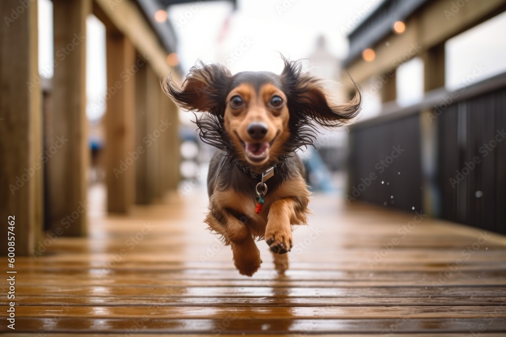 Medium shot portrait photography of a curious dachshund running through a sprinkler against boardwalks and piers background. With generative AI technology