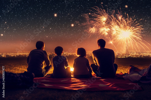 family at the beach watching fireworks made with generative ai